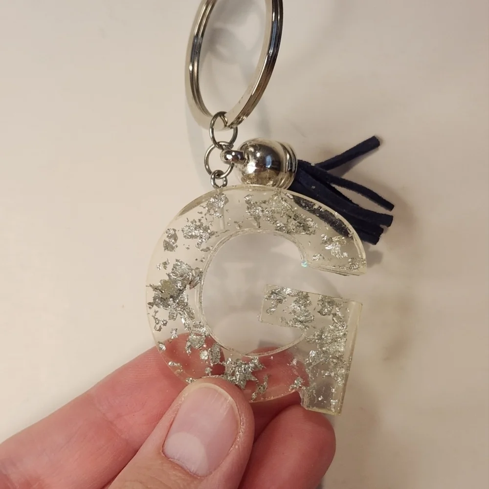 4 1/2” Handmade Letter “G” Resin Silver Leaf Tassel Keychain
